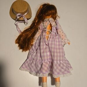 Lavender Gingham Doll Dress with Floral Blouse and Straw Hat